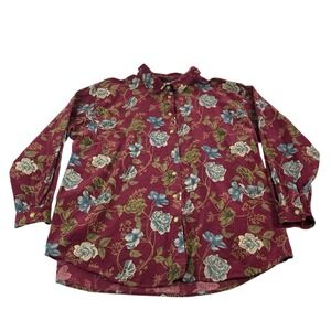 Capacity Woman Floral Corduroy Button Down Shirt Burgundy 3X Dark Academia